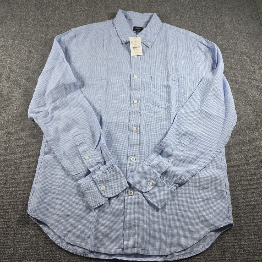 J Crew Mens Button Down Shirt M Blue Houndstooth Linen Blend Classic Fit New
